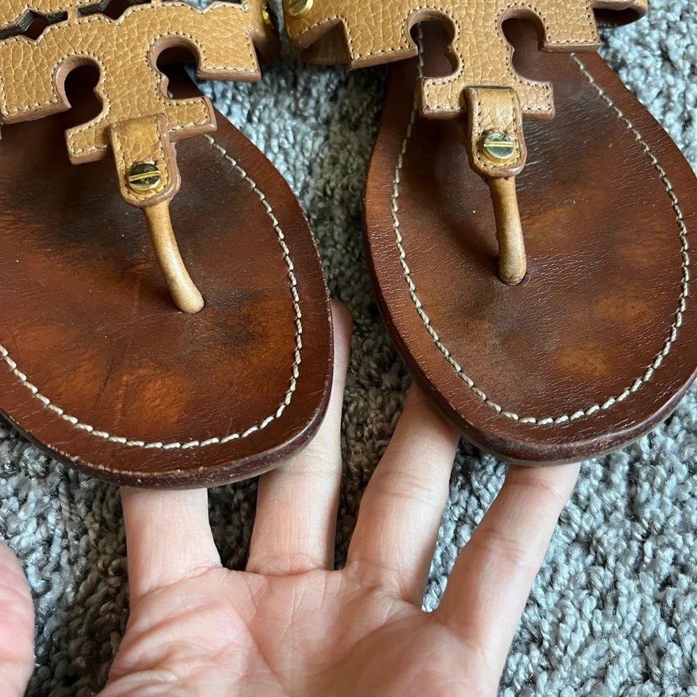 Tory Burch Tan Leather Miller Logo Thong Sandals